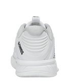 A rear profile of a white Kswiss Junior Hypercourt Express 3 tennis shoe that offers enhanced stability and strong grip.