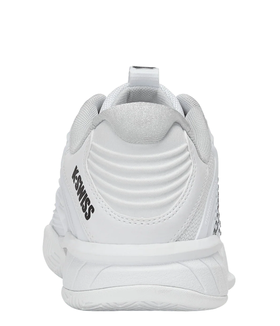 A rear profile of a white Kswiss Junior Hypercourt Express 3 tennis shoe that offers enhanced stability and strong grip.
