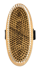 A Kuu Oval Brass Brush showing a curved wooden block base set with fine metallic wire bristles and an adjustable fabric hand strap across the top surface.