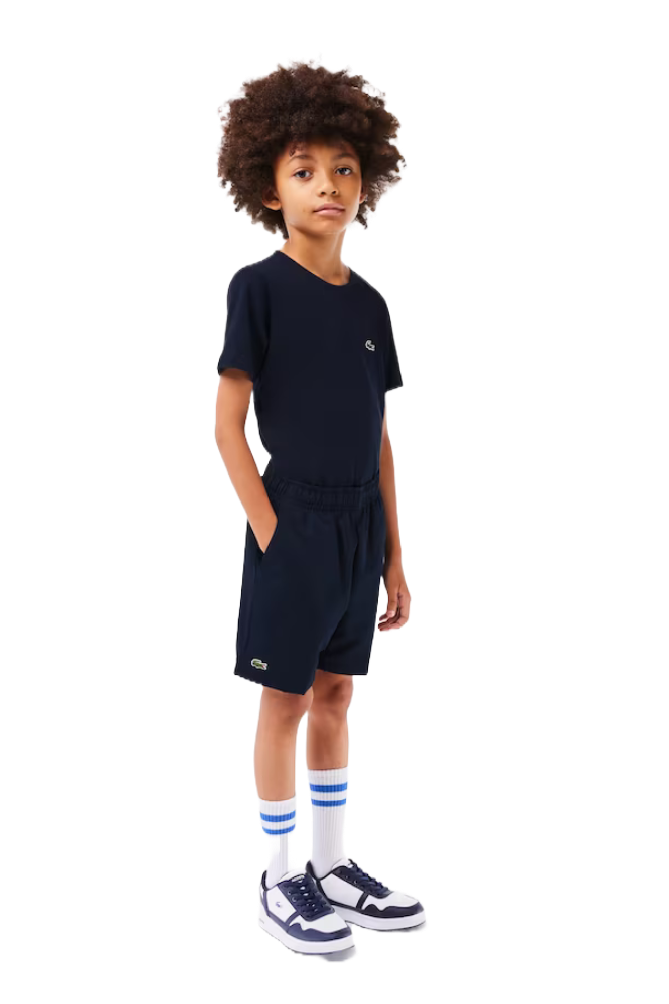 Lacoste Boys Sport Diamond Weave Shorts featuring lightweight breathable fabric, athletic fit, elastic waistband, and crocodile branding.