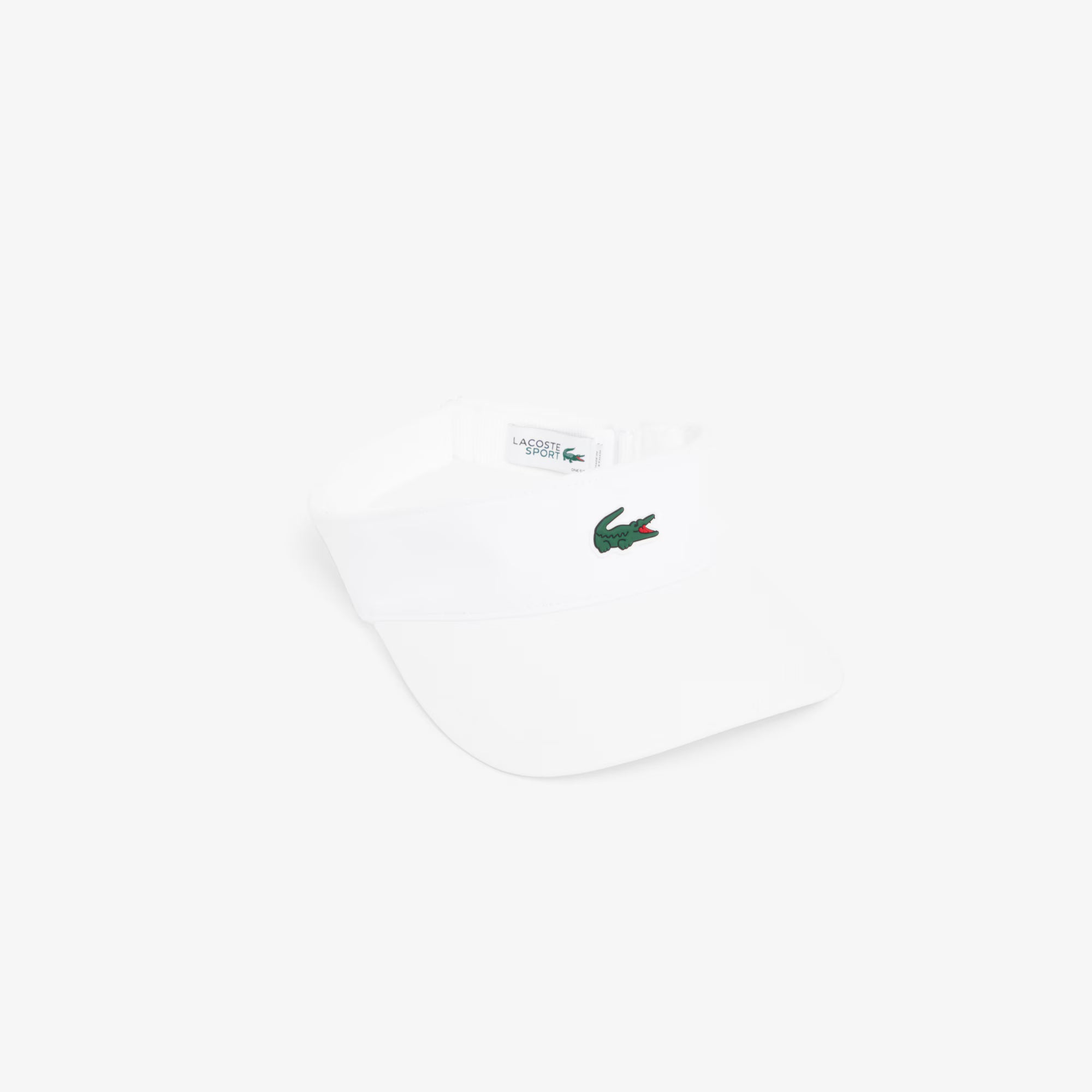 Lacoste Diamond Taffeta Sport Visor featuring lightweight performance fabric, adjustable fit, open-top ventilation, and crocodile branding.