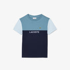 Lacoste Kids Cotton Colorblock T-Shirt featuring soft cotton fabric, colourblock styling, comfortable fit, and crocodile branding.