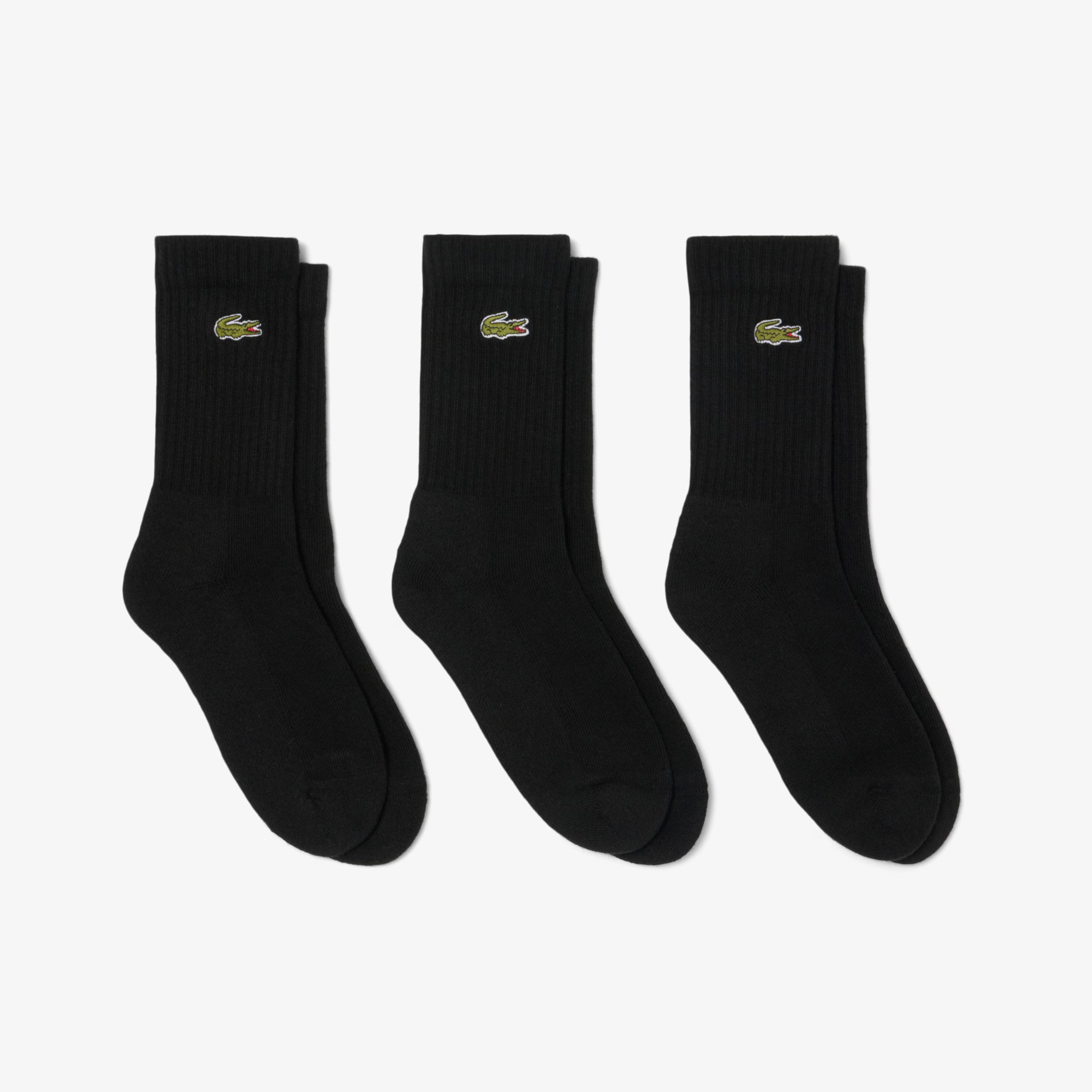 Lacoste Men's 3-Pack Sports Socks featuring breathable fabric, cushioned comfort, reinforced durability, and signature crocodile branding.