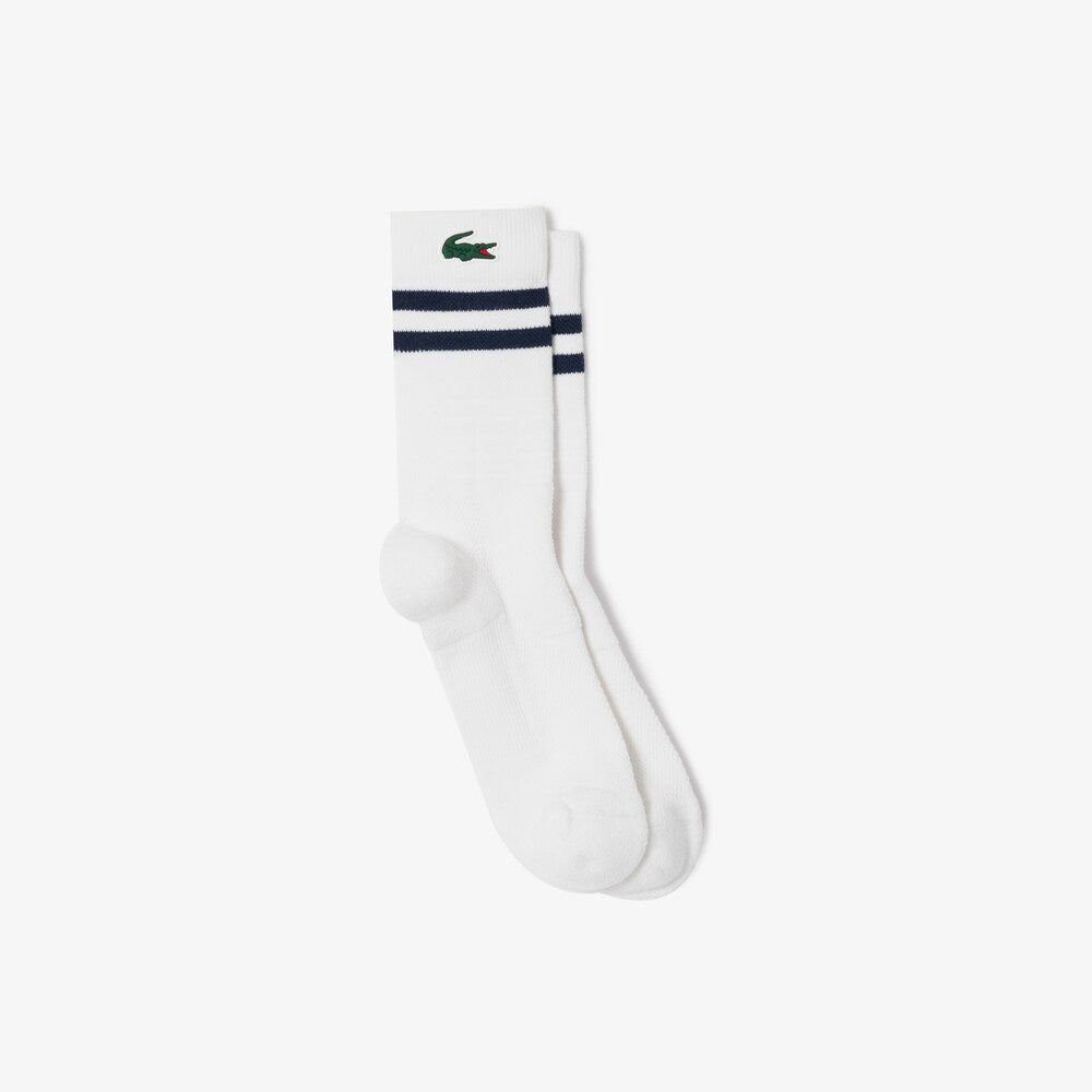 Lacoste Men's Breathable Jersey Tennis Socks featuring breathable knit construction, cushioned comfort, moisture management, and crocodile branding.