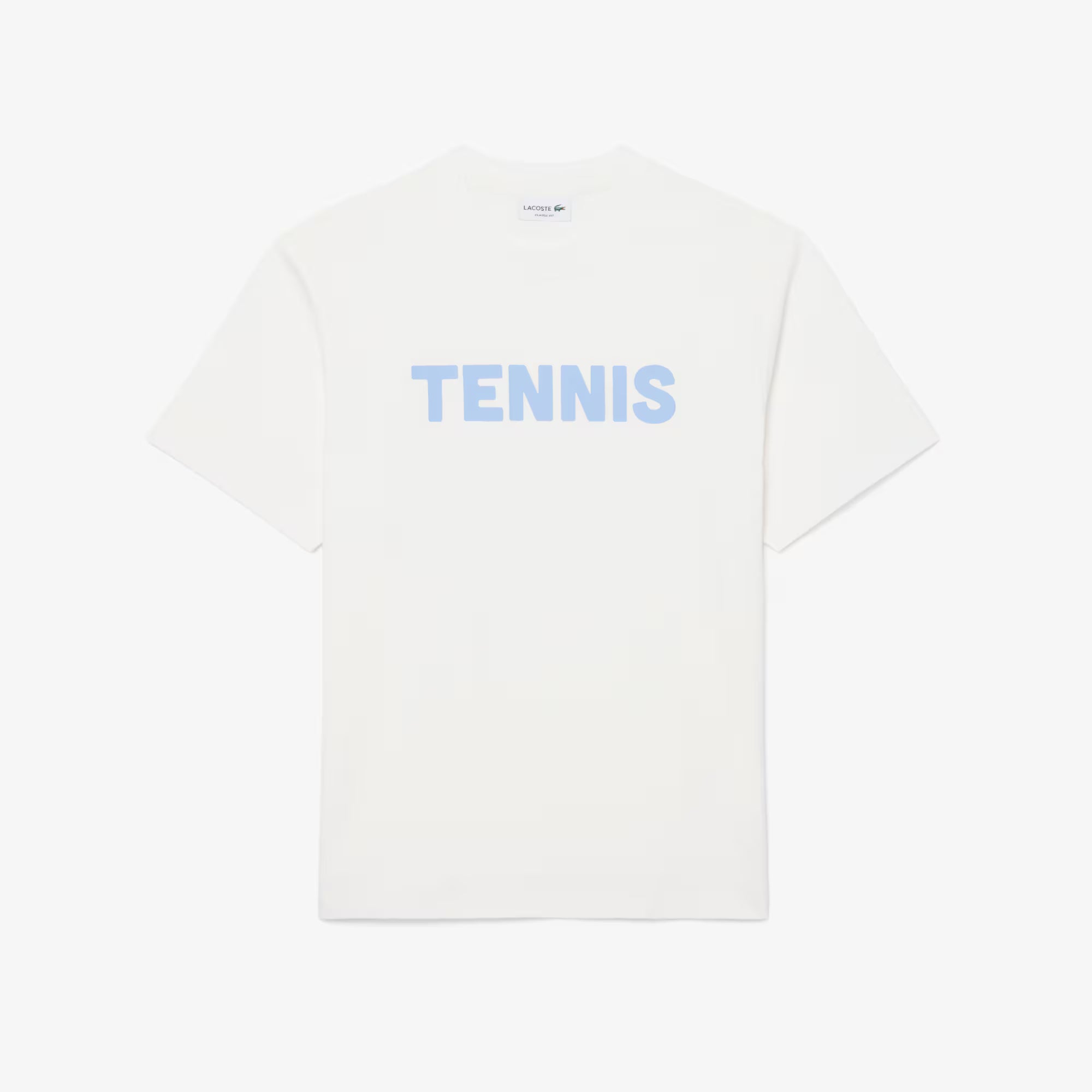 Lacoste Men's Printed Cotton Tennis T-Shirt featuring soft cotton fabric, tennis-inspired graphics, crew neck styling, and crocodile branding.