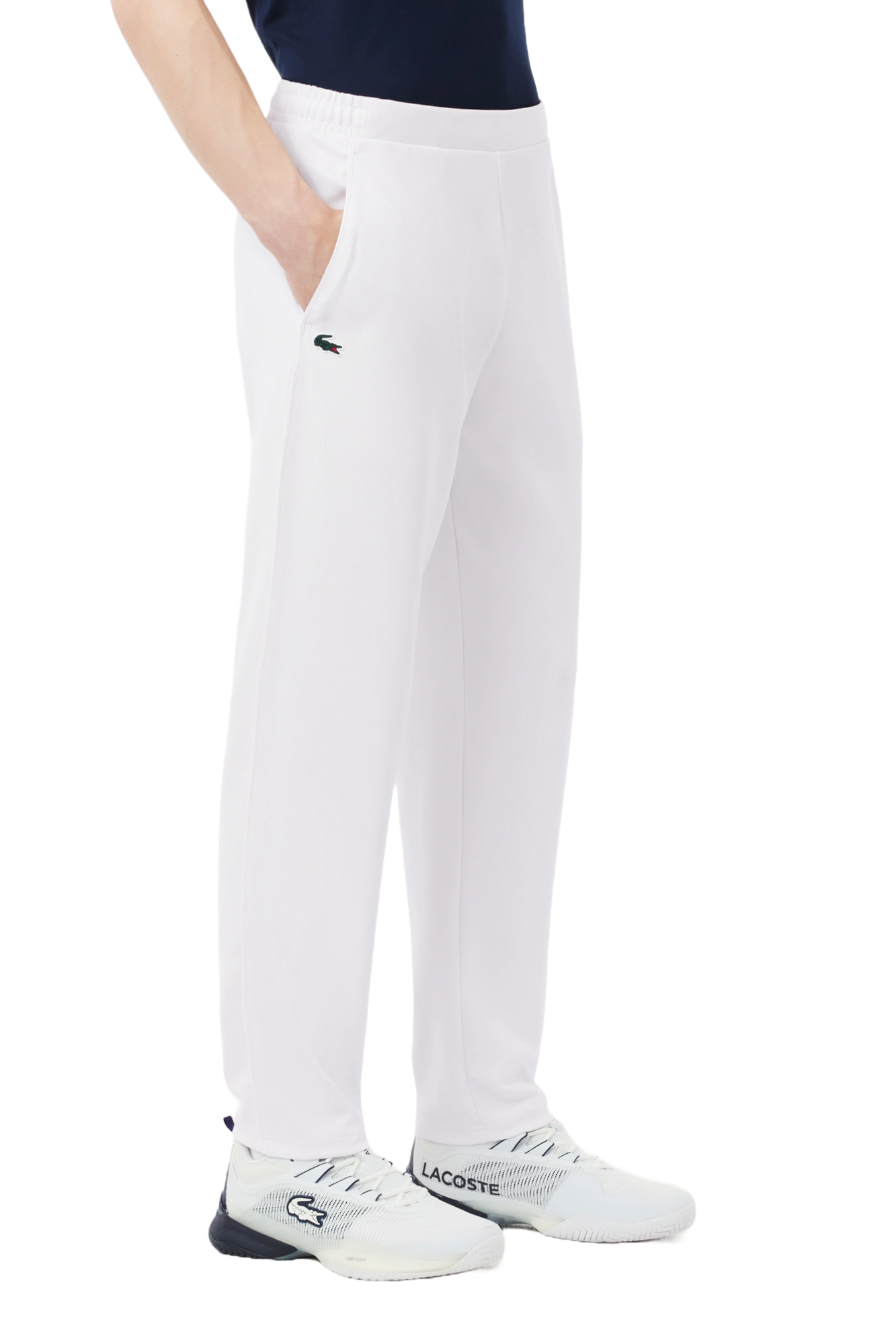 Lacoste Men's Stretchy Sport Sweatpants featuring stretch fabric, athletic fit, adjustable waistband, and signature crocodile branding.