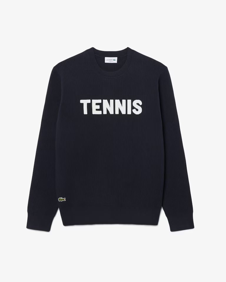 Lacoste Men's Tennis Knit Crew Neck Sweater featuring premium knit fabric, ribbed detailing, classic styling, and crocodile branding.