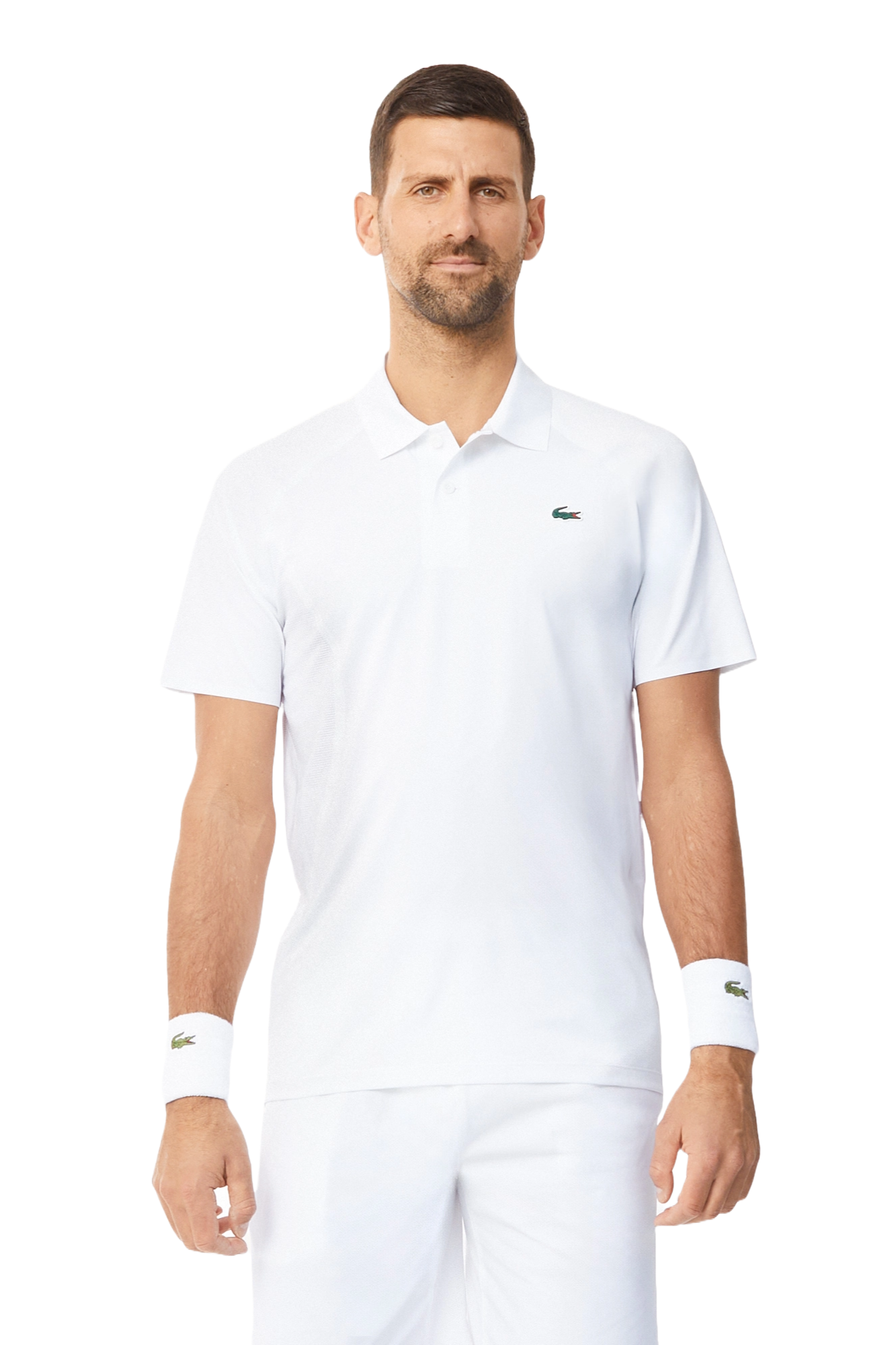 Lacoste Men's Tennis x Novak Djokovic Ultra-Dry Polo featuring moisture-wicking performance fabric, athletic fit, and signature collection styling.