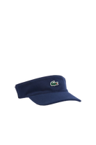 Lacoste Unisex Sport Piqué & Fleece Tennis Visor featuring a fleece-lined sweatband, adjustable fit, sun protection, and crocodile branding.