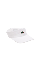 Lacoste Unisex Sport Piqué & Fleece Tennis Visor featuring a fleece-lined sweatband, adjustable fit, sun protection, and crocodile branding.