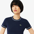 Lacoste Women's Contrast Trim Jersey Tee featuring soft jersey fabric, contrast detailing, breathable comfort, and crocodile branding.