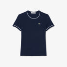 Lacoste Women's Contrast Trim Jersey Tee featuring soft jersey fabric, contrast detailing, breathable comfort, and crocodile branding.