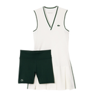 Lacoste Women's Sport Dress with Removable Piqué Shorts featuring lightweight performance fabric, removable shorts, athletic styling, and crocodile branding.