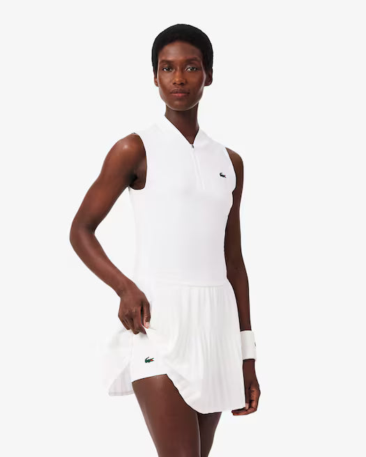 Lacoste Women's Ultra Dry Stretch Tennis Dress featuring moisture-wicking stretch fabric, breathable comfort, athletic fit, and crocodile branding.