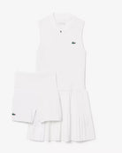 Lacoste Women's Ultra Dry Stretch Tennis Dress featuring moisture-wicking stretch fabric, breathable comfort, athletic fit, and crocodile branding.