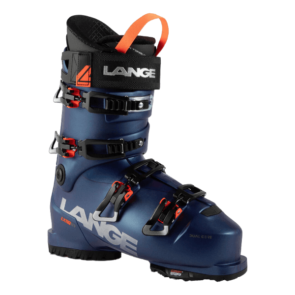 A blue and orange Lange LX 110 HV Ski Boot that featurews a high-volume fit and GripWalk soles.