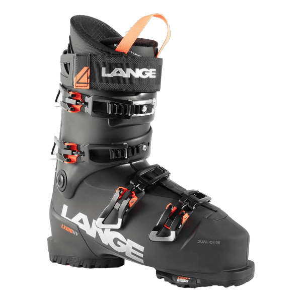 A black and red 2025 Lange LX 120 HV Ski Boot that features a wide fit and Gripwalk soles.