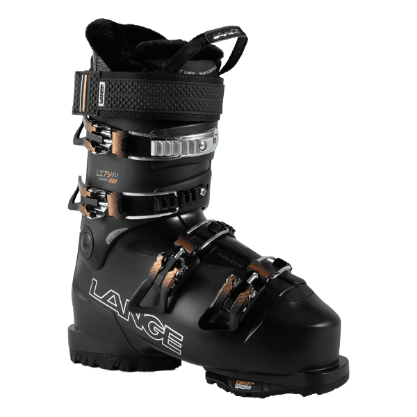 A black 2025 Lange LX W 75 HV ski boot that features a wide fit and GripWalk soles.