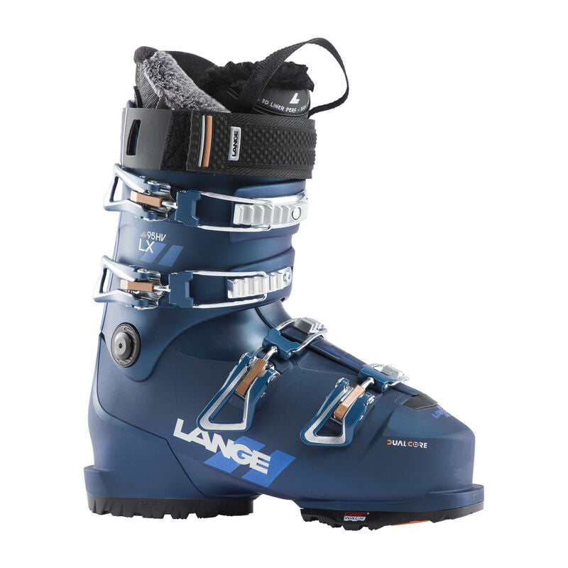 A blue LANGE LX 95 W HV ski boot with a Gripwalk sole and multiple buckles for closure.