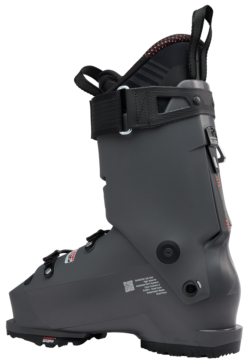 Lange Shadow 120 HV Ski Boots 2027 featuring a high-volume fit, 120 flex, Dual Pivot technology, and Suspension Blade construction.