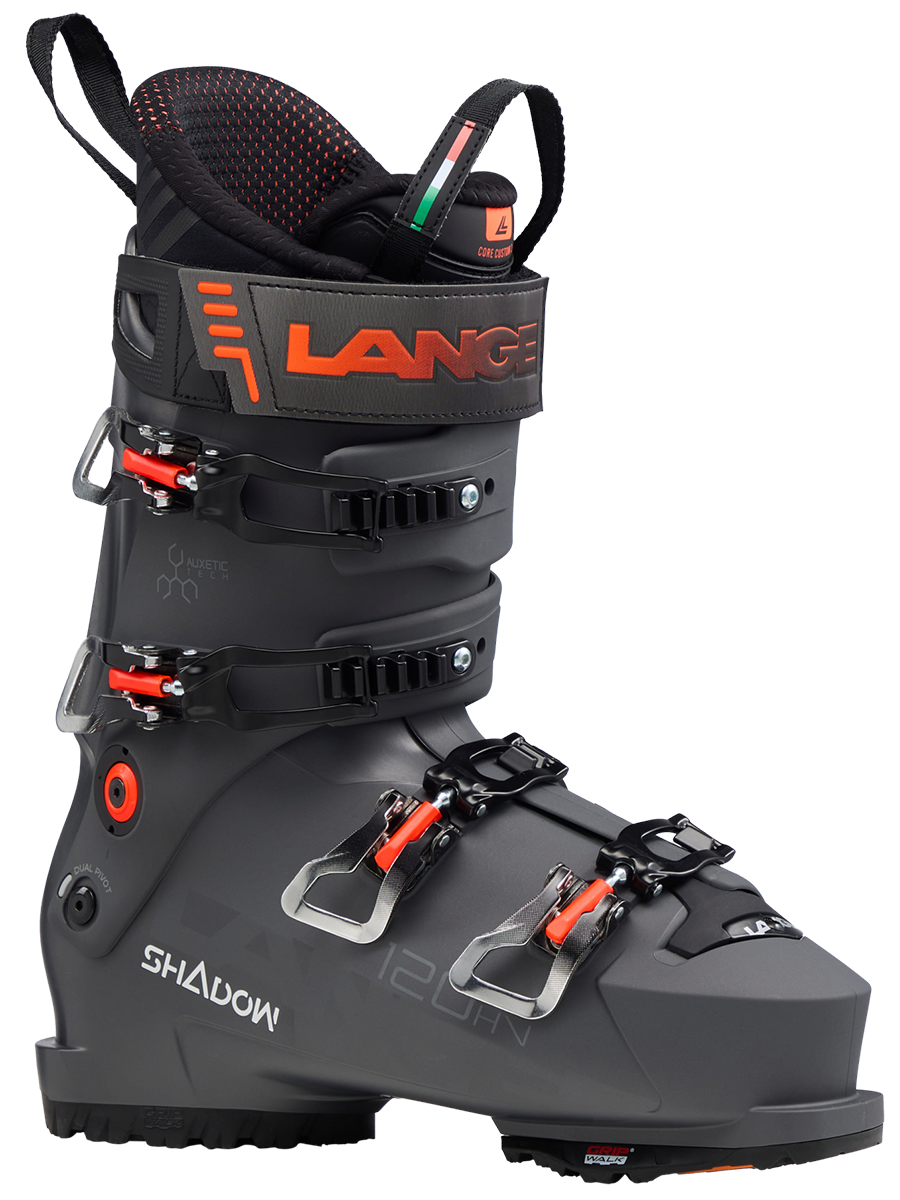 Lange Shadow 120 HV Ski Boots 2027 featuring a high-volume fit, 120 flex, Dual Pivot technology, and Suspension Blade construction.