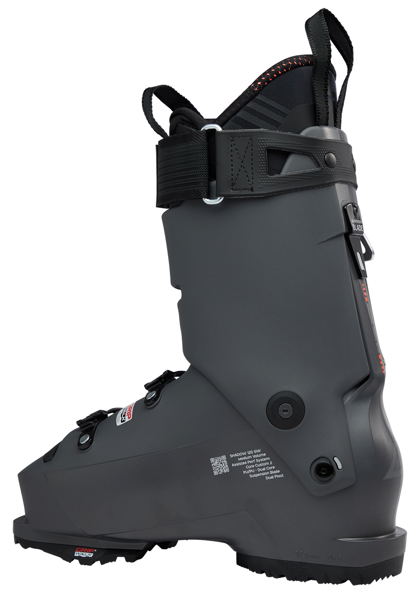 Lange Shadow 120 MV Ski Boots 2027 featuring a 120 flex, 100 mm medium-volume fit, Dual Pivot technology, and Suspension Blade construction.