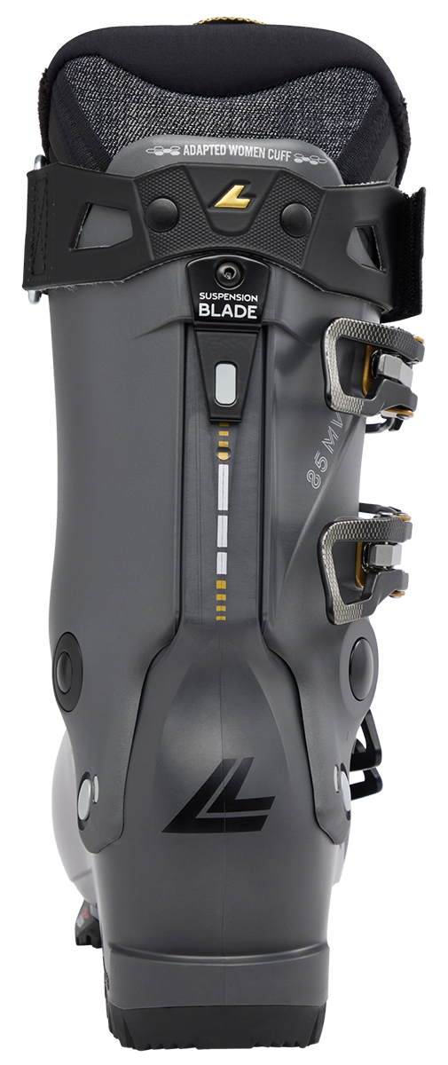 Lange Shadow 85 W HV Women's Ski Boots 2027 featuring a high-volume fit, 85 flex, Dual Pivot technology, and Suspension Blade construction.