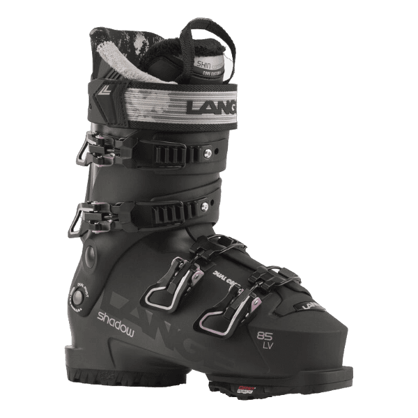 A black Lange Shadow 85 W LV ski boot designed for all-mountain skiing, featuring a sturdy three-piece design and the brand's logo on the ankle support.