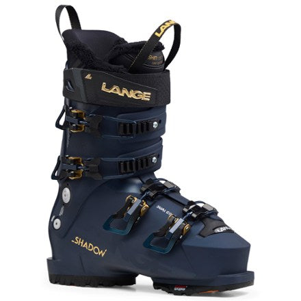 A blue, black, and gold Lange Women's Shadow 95 MV Ski Boot 2027 that features an average fit and GripWalk soles.