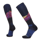 A pair of black and multicolour Le Bent Cody Townsend Pro Series Zero Cushion Ski Socks that are made from a bamboo and merino wool blend.