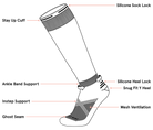 A diagram of a black and multicolour Le Bent Cody Townsend Pro Series Zero Cushion Ski Socks that are made from a bamboo and merino wool blend.