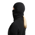 Side view of the Le Bent Double Up Midweight Balaclava featuring a dual-layer Merino wool and bamboo rayon blend, drop-chin hinge, and low-profile flatlock seams.
