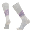A pair of grey and purple Le Bent Elyse Saugstad Pro Zero Cushion Ski Socks that are designed specifically for women to stay warm in harsh winter conditions.