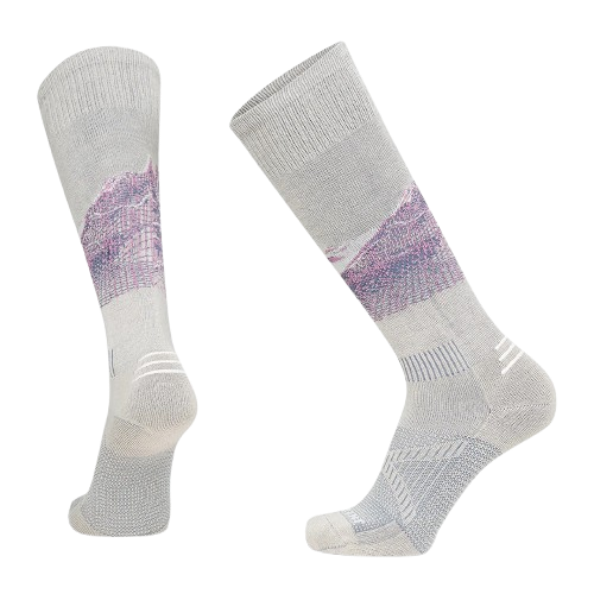 A pair of grey and purple Le Bent Elyse Saugstad Pro Zero Cushion Ski Socks that are designed specifically for women to stay warm in harsh winter conditions.