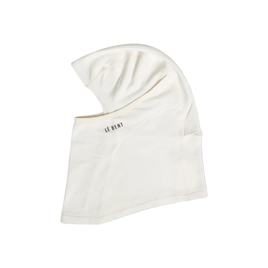 Side view of the Le Bent Heavyweight Grid Fleece Balaclava featuring a Merino wool and bamboo rayon blend, high-loft grid interior, drop-chin hinge, and flatlock seams.