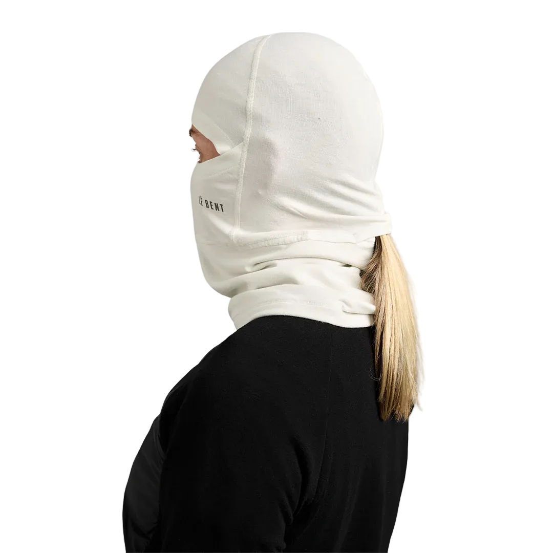 Side view of the Le Bent Heavyweight Grid Fleece Balaclava featuring a Merino wool and bamboo rayon blend, high-loft grid interior, drop-chin hinge, and flatlock seams.