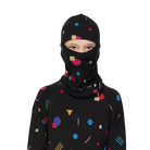 Front view of the Le Bent Jr Confetti Midweight Balaclava featuring a youth-specific fit, Merino wool and bamboo rayon blend, colorful confetti pattern, drop-chin hinge, and flatlock seams.