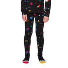 A child wearing a pair of black Le Bent Kids' Condetti Midweight baselayer bottoms with a colorful geometric pattern.