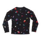 A black Le Bent Confetti Midweight Raglan Crew Baselayer Top with colorful geometric patterns for kids.