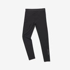 A pair of black Le Bent Kids' Core Midweight Baselayer Bottoms that are stretchable, breathable, and made from a premium bamboo and merino wool blend.