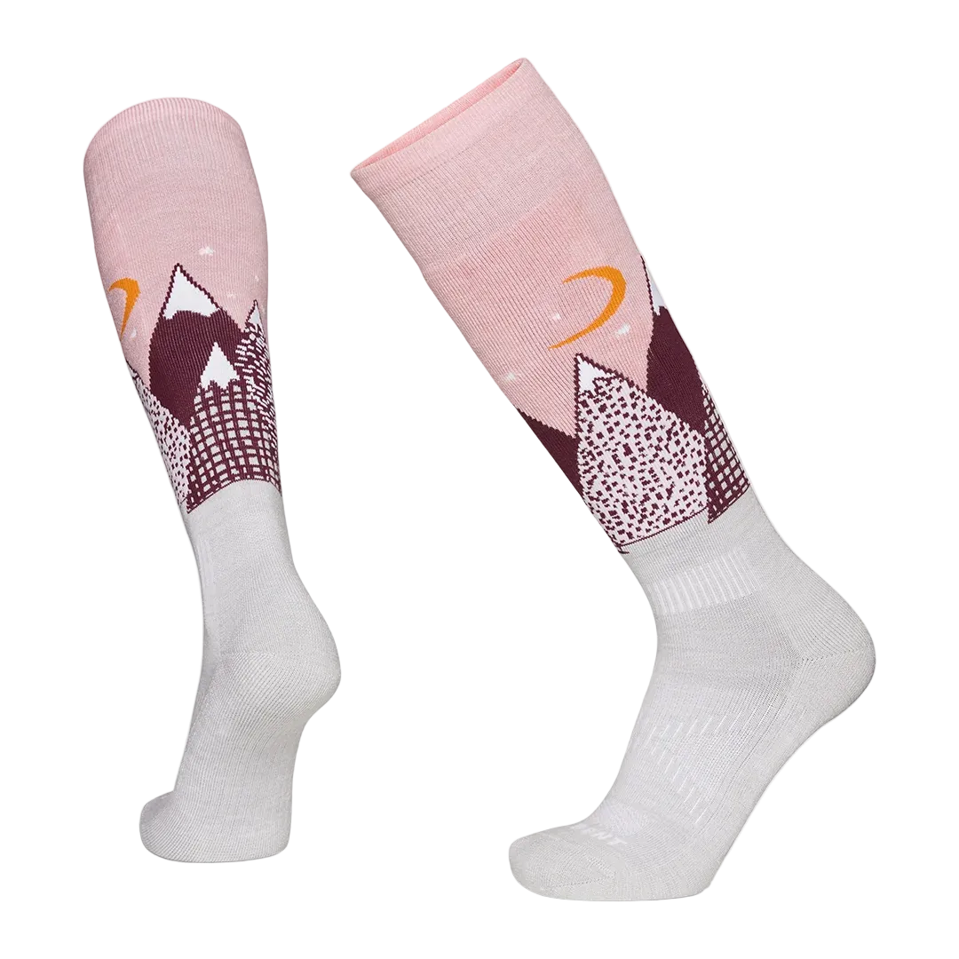 A pair of pink Le Bent Kids' Snowy Mountains Light Cushion Ski Socks that are designed to keep your child's feet warm in harsh winter conditions.