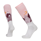 A pair of pink Le Bent Kids' Snowy Mountains Light Cushion Ski Socks that are designed to keep your child's feet warm in harsh winter conditions.