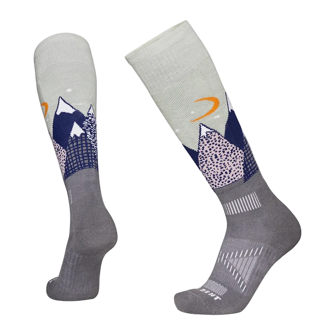 A pair of grey and blue Le Bent Kids' Snowy Mountains Light Cushion Ski Socks that are designed to keep your child's feet warm in harsh winter conditions.