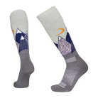A pair of grey and blue Le Bent Kids' Snowy Mountains Light Cushion Ski Socks that are designed to keep your child's feet warm in harsh winter conditions.