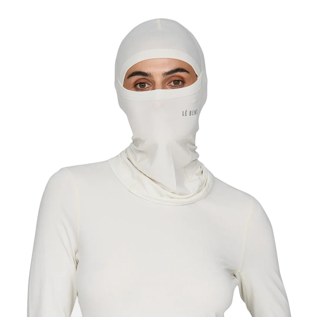 Front view of the Le Bent Lightweight Balaclava featuring a Merino wool and bamboo rayon blend, drop-chin hinge, mesh mouth ventilation port, and low-profile flatlock seams.