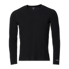 A black Le Bent Men's Core Lightweight Crewneck Baselayer Top made of a blend of merino wool and rayon from bamboo.