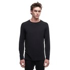 A black Le Bent Men's Core Lightweight Crewneck Baselayer Top made of a blend of merino wool and rayon from bamboo.