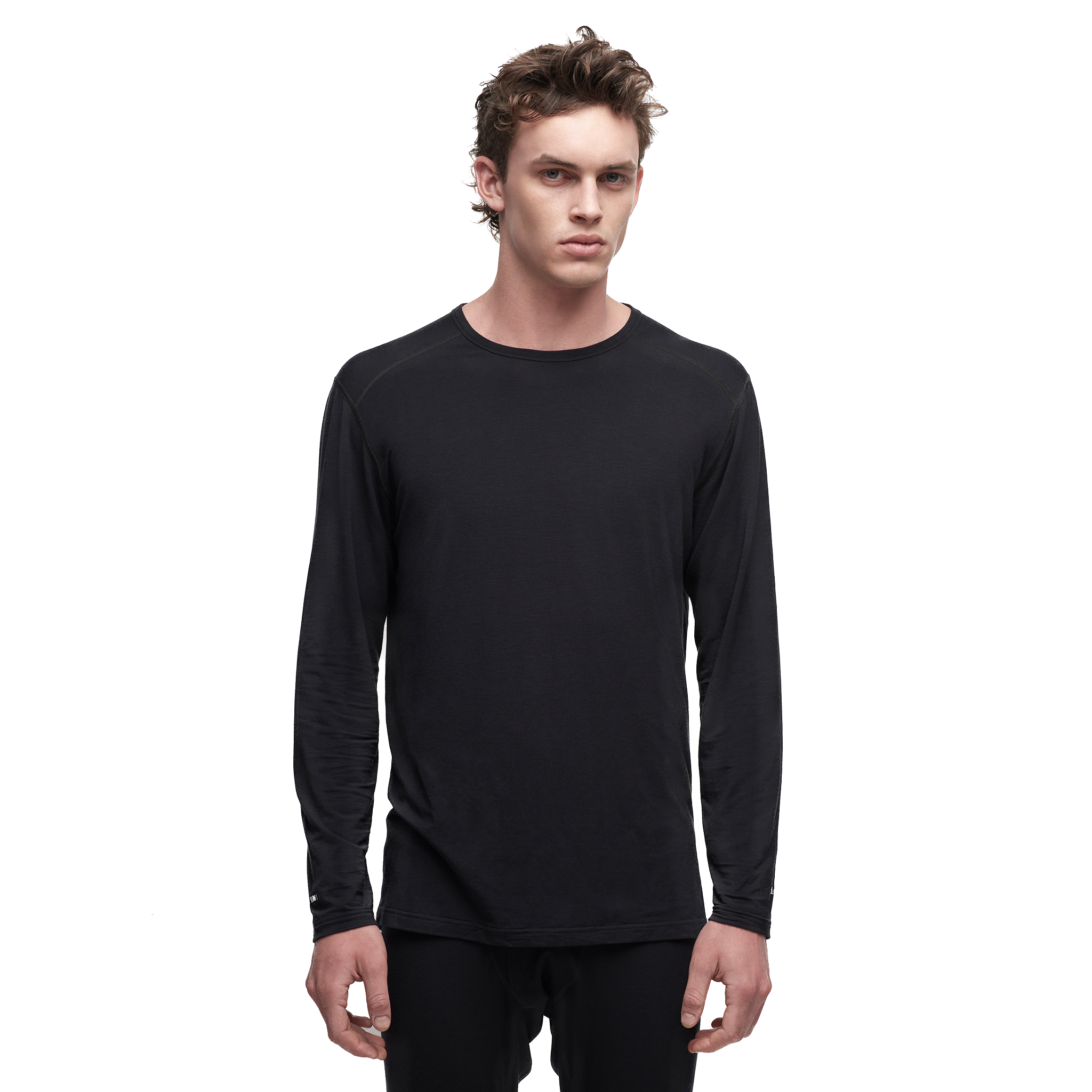 A black Le Bent Men's Core Lightweight Crewneck Baselayer Top made of a blend of merino wool and rayon from bamboo.