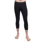 A pair of black Le Bent Men's Core Lightweight 3/4 Length Baselayer Bottoms that are made from a bamboo and merino wool blend.