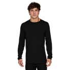 A black Le Bent Men's Core Midweight Crewneck Baselayer Top that is made from a bamboo and merino wool blend.